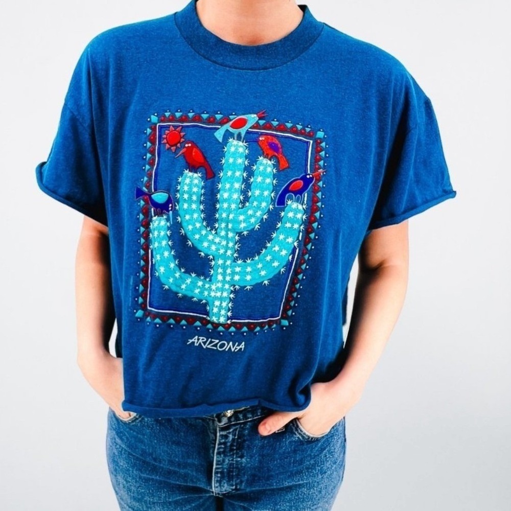Vintage Tee Jays Arizona Cactus Graphic Crop Top T-Shirt‎ Teal Blue XL USA Made